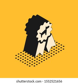 Isometric Dog award symbol icon isolated on yellow background. Medal with dog footprint as pets exhibition winner concept.  Vector Illustration