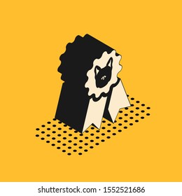 Isometric Dog award symbol icon isolated on yellow background. Medal with dog footprint as pets exhibition winner concept.  Vector Illustration