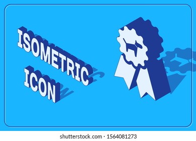 Isometric Dog award symbol icon isolated on blue background. Medal with dog footprint as pets exhibition winner concept.  Vector Illustration