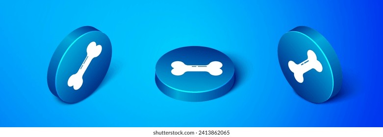 Isometric Dog bone icon isolated on blue background. Pets food symbol. Blue circle button. Vector