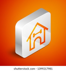 Isometric Dog house and bone icon isolated on orange background. Dog kennel. Silver square button. Vector Illustration