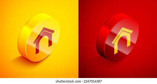 Isometric Dog house icon isolated on orange and red background. Dog kennel. Circle button. Vector