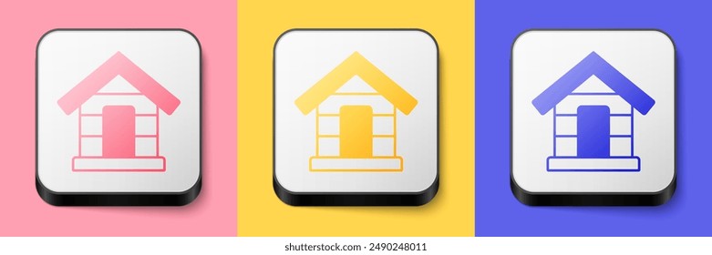 Isometric Dog house icon isolated on pink, yellow and blue background. Dog kennel. Square button. Vector