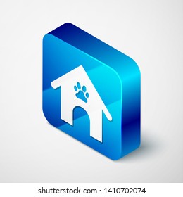 Isometric Dog house and paw print pet icon isolated on white background. Dog kennel. Blue square button. Vector Illustration