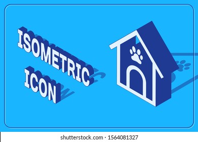 Isometric Dog house and paw print pet icon isolated on blue background. Dog kennel.  Vector Illustration