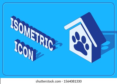 Isometric Dog house and paw print pet icon isolated on blue background. Dog kennel.  Vector Illustration