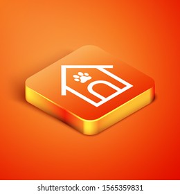 Isometric Dog house and paw print pet icon isolated on orange background. Dog kennel.  Vector Illustration