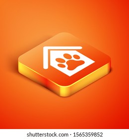 Isometric Dog house and paw print pet icon isolated on orange background. Dog kennel.  Vector Illustration