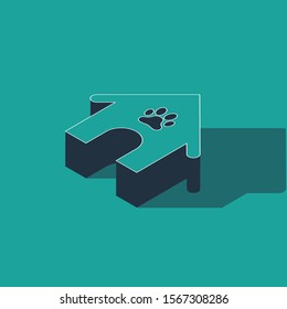 Isometric Dog house and paw print pet icon isolated on green background. Dog kennel.  Vector Illustration