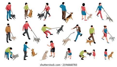 Los amantes de los perros isométricos se muestran con íconos aislados de perros con sus maestros en fondo blanco ilustración vectorial