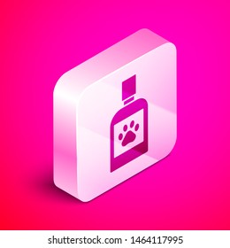 Isometric Dog medicine bottle icon isolated on pink background. Container with pills. Prescription medicine for animal. Silver square button. Vector Illustration