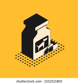 Isometric Dog medicine bottle and pills icon isolated on yellow background. Container with pills. Prescription medicine for animal.  Vector Illustration