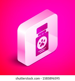 Isometric Dog medicine bottle and pills icon isolated on pink background. Container with pills. Prescription medicine for animal. Silver square button. Vector Illustration
