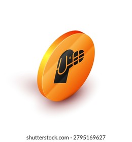 Isometric Dog in muzzle icon isolated on white background. Accessory for dog. Orange circle button. Vector