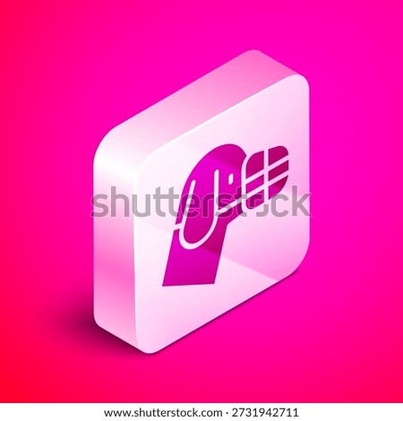 Isometric Dog in muzzle icon isolated on pink background. Accessory for dog. Silver square button. Vector