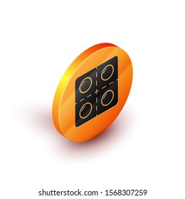 Isometric Dog and pills icon isolated on white background. Prescription medicine for animal. Orange circle button. Vector Illustration
