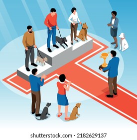 Isometric Dog Show Composition With View Of Red Carpet With Winners Podium And Dogs With Masters Vector Illustration