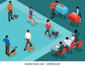 Isometric Dog Show Horizontal Composition With Showcase Venue Where People Walking Dogs In Front Of Judges Vector Illustration