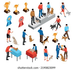 Isometric Dog Show Set With Isolated Icons Of Trophy Cups Winners Podium And Masters With Dogs Vector Illustration