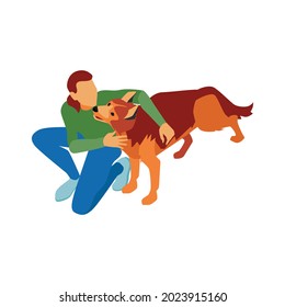 Isometric dog sitter walker service composition with faceless human character embracing dog vector illustration