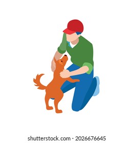 Composición del servicio de caminador de la niñera de perro isotípica con caracter masculino sujetando la pequeña ilustración del vector del perro