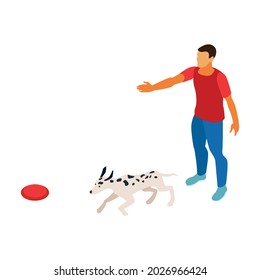 Isometric Dog Sitter Walker Service Composition With Dog Running To Frisby Disk Dropped By Man Vector Illustration