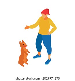 Composición del servicio de caminador de la niñera de perros isotípicos con entrenadora femenina que levanta la ilustración del vector de la mano y el perro de pie