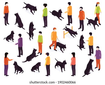 Isometric dog training color set of isolated icons characters of people with dogs in different poses vector illustration