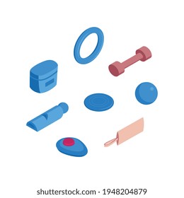 Isometric dog training cynologist composition with isolated icons of toys and tools for dog training vector illustration