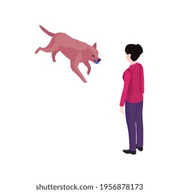 Isometric dog training cynologist composition with isolated characters of woman with jumping dog vector illustration