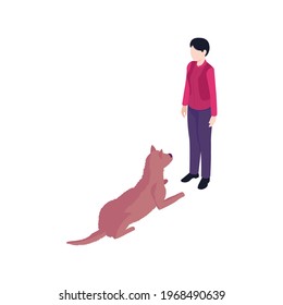 Isometric dog training cynologist composition with isolated characters of man and lying dog vector illustration