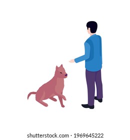 Isometric dog training cynologist composition with isolated characters of man moving hand and dog vector illustration