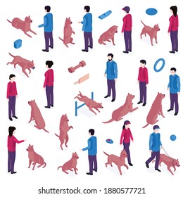 Isometric dog training cynologist set with isolated icons of toys barriers and human characters educating dogs vector illustration