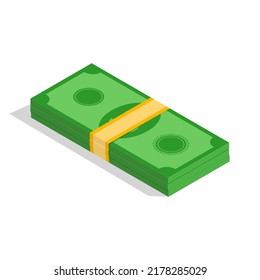Isometric dollar banknotes of stacked bundles. Pile of cash. Stack of money. Banking currency cash symbol. Template design of income and profits. Business concept. Vector illustration