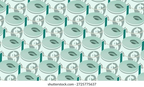 Isometric dollar bills rolled into a tight bundle tied. 3D vector background top view at an angle. NO AI GEN