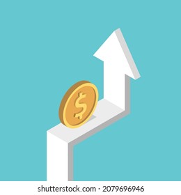 Isometric Dollar Coin On Arrow. Financial Growth, Exchange Rate, Profit, Increase, Investment And Breakthrough Concept. Flat Design. EPS 8 Vector Illustration, No Transparency, No Gradients