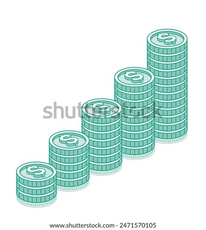 Isometric dollar coins stacks. 3d cash. Vector illustration. Outline objects isolated on white background. Icon or symbol. Green color.