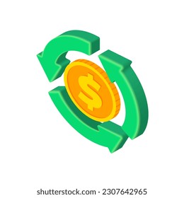 Isométrico icono de cambio de dólar. Moneda Gold USA con flechas de círculo. 3d Vector Cash, moneda estadounidense, concepto de inversión y banca, símbolo de cambio de moneda con flechas de recicle.