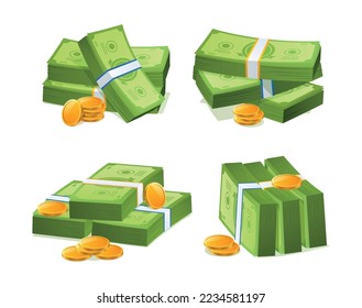 Isometric dollar set. Collection of banknotes and coins. Symbol of wealth, treasure and economy, financial literacy and passive income. Realistic 3D vector illustrations isolated on white background