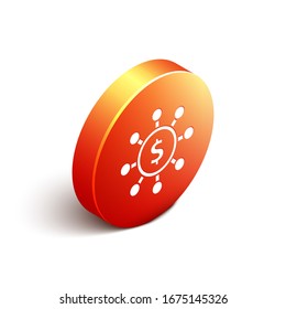Isometrischer Dollar, teilen, Netzwerksymbol einzeln auf weißem Hintergrund. orangefarbene Kreistaste. Vektorillustration-Illustration