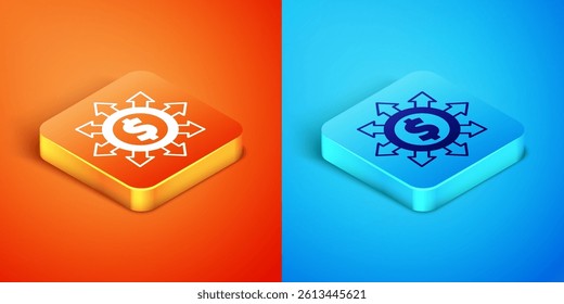 Isometric Dollar, share, network icon isolated on orange and blue background.  Vector