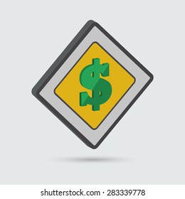 Isometric dollar sign on a soft gray background. Dollar icon. Vector element of graphic design