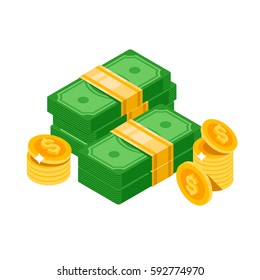 Isometric dollars bundles, isolated. Dollars and coins. Vector isometric money icon on a white background. Money flat icon in isometric style. Money illustration of wealth and condition.