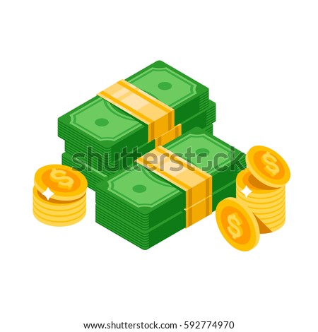 Isometric dollars bundles, isolated. Dollars and coins. Vector isometric money icon on a white background. Money flat icon in isometric style. Money illustration of wealth and condition.