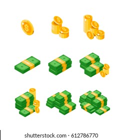 Isometric Dollars Bundles Scattered, Stacked With Different Sides Isolated On White Background. Dollars And Coins. Gold Money Stack Of Dollar Coins Money Sign, Vector Isometric. Flat Vector Money.