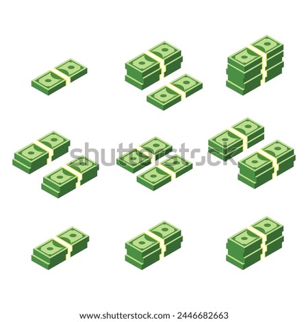 Isometric dollars bundles scattered, stacked with different sides isolated on white background. Flat vector money.