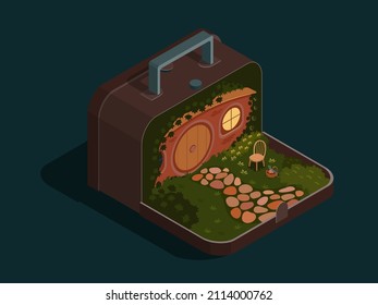 Isometric Dollhouse In A Suitcase In The Fairy Tale Hobbit Style. Outside View