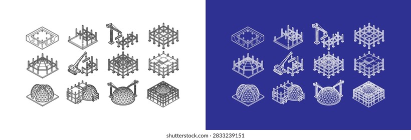 Isometric dome construction and steel frame building icons set architectural blueprint vector illustration featuring 3D line art drawing of geodesic dome structure, steel beam scaffolding, tower crane, mobile crane assembly, and structural framing shown on white and blue grid backgrounds.