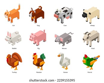 Isometric domestic animals. Low poly pets and farm birds. Squared cat, polygonal dog and voxel rabbit 3D cartoon vector set of domestic farm isometric illustration