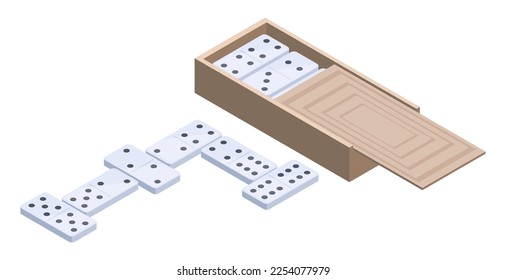 Isometric domino game. Table gaming, recreation dominoes in wooden box 3d vector illustration on white background